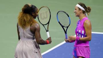 Victoria Azarenka, of Belarus, right, greets Serena Williams, of the United States, after winning their semifinal match of the US Open tennis championships, Thursday, Sept. 10, 2020, in New York