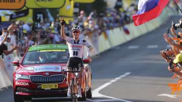 Denmark's Soren Kragh Andersen celebrates as he crosses the line to win the 19th stage of the Tour de France cycling race over 166.5 kilometers between Bourg-En-Bresse and Champagole, France Friday, Sept. 3