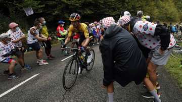 Slovenia's Primoz Roglic climbs the Marie Blanque pass during the ninth stage of the Tour de France cycling race over 153 kilometers (95 miles), with start in Pau and finish in Laruns, Sunday, Sept. 6