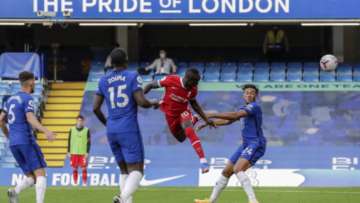 Liverpool's Sadio Mane scores during the English Premier League soccer match between Chelsea and Liverpool at Stamford Bridge Stadium, Sunday, Sept. 20