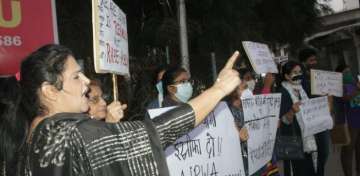 All India Progressive Women's Association (AIPWA) activists stage a protest over the death of Hathra