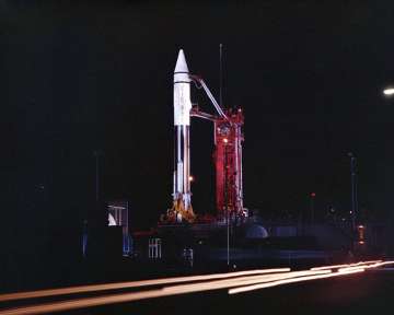 This Sept. 20, 1966 photo provided by the San Diego Air and Space Museum shows an Atlas Centaur 7 rocket on the launchpad at Cape Canaveral, Fla. NASA's leading asteroid expert, Paul Chodas, speculates that asteroid 2020 SO, as it is formally known, is actually a Centaur upper rocket stage that propelled NASA’s Surveyor 2 lander to the moon in 1966 before it was discarded. (Convair/General Dynamics Astronautics Atlas Negative Collection/San Diego Air and Space Museum via AP)
?