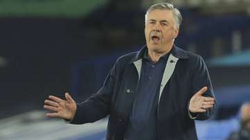 Everton's manager Carlo Ancelotti reacts during the English League Cup round of 16 soccer match between Everton and West Ham at the Goodison Park stadium in Liverpool, England, Wednesday, Sept. 30