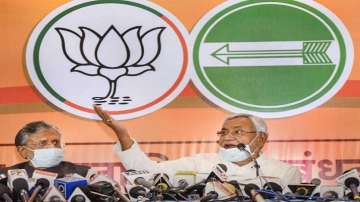 Bihar Chief Minister Nitish Kumar with BJP senior leader and Dy CM Sushil Kumar Modi in Patna on Tue