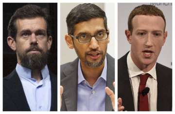 Twitter CEO Jack Dorsey, Google CEO Sundar Pichai, and Facebook CEO Mark Zuckerberg.
