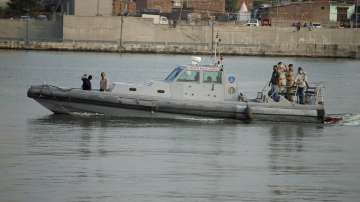 Gujarat Marine police patrol near the Seaplane airport in Sabarmati river, ahead of its inauguration