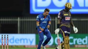 Anrich Nortje reacts after picking a wicket against KKR 
