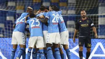 Napoli's players celebrate Piotr Zielinski's goal during the Serie A soccer match between Napoli and Genoa at the San Paolo Stadium in Naples, Italy, Sunday, Sept. 27