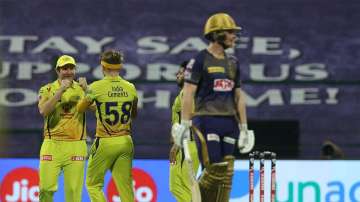 Chennai Super Kings (CSK) players celebrate after dismissing Eoin Morgan.