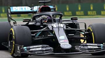 Mercedes driver Lewis Hamilton of Britain steers his car during the Emilia Romagna Formula One Grand Prix, at the Enzo and Dino Ferrari racetrack, in Imola, Italy, Sunday, Nov.1