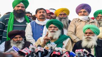 Leaders of various farmer unions address the media at Singhu border, during their Delhi Chalo march 