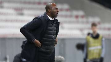 Nice's head coach Patrick Vieira reacts during the Europa League Group C soccer match between Nice and Bayer Leverkusen at the Allianz Riviera stadium in Nice, France, Thursday, Dec. 3