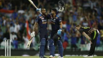 India's Hardik Pandya, left, and Shreyas Iyer celebrate their win in the second T20 international cricket match between Australia and India at the Sydney Cricket Ground in Sydney, Australia, Sunday, Dec. 6