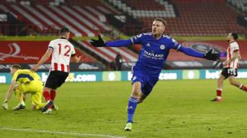 Leicester's Jamie Vardy celebrates after scoring his side's second goal during the English Premier League soccer match between Sheffield United and Leicester City, at the Brammall Lane Stadium in Sheffield, England, Sunday, Dec. 6,