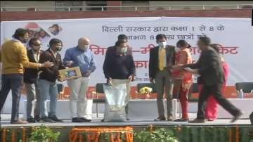 Delhi Chief Minister Arvind Kejriwal on Tuesday distributed dry ration kits to the students studying