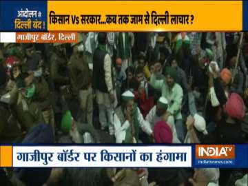 Farmers hold protest at Ghazipur border.