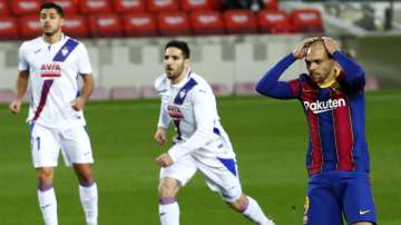 Barcelona's Martin Braithwaite reacts after missing to score from a penalty shot during the Spanish La Liga soccer match between Barcelona and Eibar at the Camp Nou stadium in Barcelona in Barcelona, Spain, Tuesday, Dec. 29