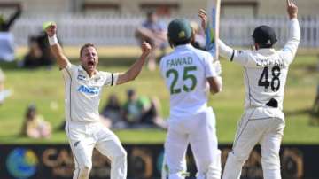 New Zealand bowler Neil Wagner celebrates the wicket of Pakistan's Fawad Alam during play on the final day of the first cricket test between Pakistan and New Zealand at Bay Oval, Mount Maunganui, New Zealand, Wednesday, Dec. 30