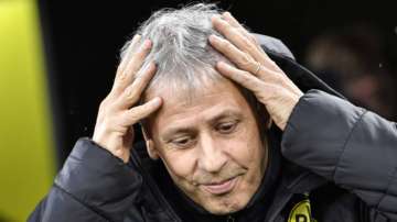 File picture taken Oct.19, 2019 shows Dortmund's head coach Lucien Favre beside the pitch prior the German Bundesliga soccer match between Borussia Dortmund and Borussia Moenchengladbach in Dortmund