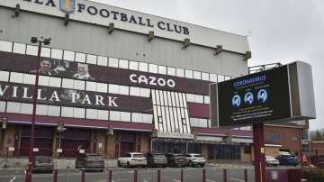 This Saturday, Nov. 21, 2020 file photo shows a general view of a social distancing message on display outside the Villa Park stadium, home of Aston Villa, in Birmingham, England. Aston Villa has on Thursday, Jan. 7