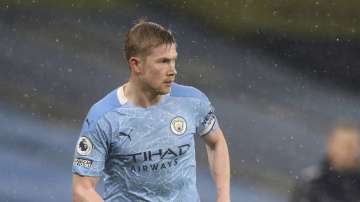 Manchester City's Kevin De Bruyne controls the ball during the English Premier League soccer match between Manchester City and Aston Villa at the Etihad Stadium in Manchester, England, Wednesday, Jan.20