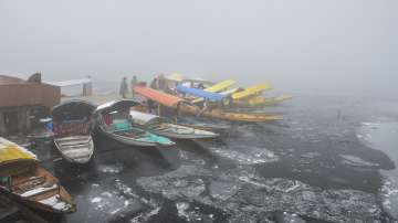 Boatmen stand near their Shikaras during a cold and foggy morning, in Srinagar