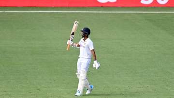 Washington Sundar of India celebrates his half century during day three of the 4th Test Match in the series between Australia and India at The Gabba on January 17