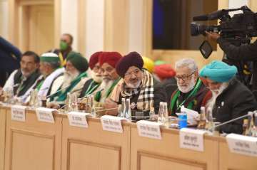 New Delhi: Farmers leaders during the 10th round of talks with the central government on new farm laws, at Vigyan Bhawan in New Delhi, Wednesday, Jan 20, 2021.