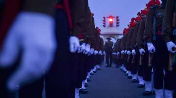 A contingent practices during the rehearsals for Republic Day Parade 2021, at Rajpath in New Delhi.