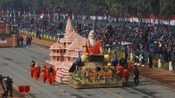 Lucknow: A tableau of Uttar Pradesh Tourism department depicting Ram Temple moves past during the 72nd Republic Day Parade, in Lucknow, Tuesday, Jan 26, 2021.