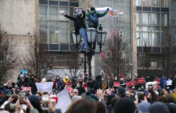 People protest against the jailing of opposition leader Alexei Navalny in Moscow, Russia