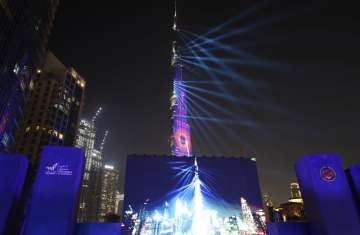 A laser show celebration is put on ahead of a live broadcast of the Hope Probe attempting to enter the Mars orbit as a part of Emirates Mars mission, in Dubai, United Arab Emirates, Tuesday, Feb. 9, 2021. A spacecraft from the UAE was set to swing into orbit around Mars in the Arab world’s first interplanetary mission Tuesday, the first of three robotic explorers arriving at the red planet over the next week and a half.