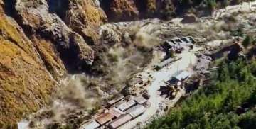 Chamoli: Avalanche after a glacier broke off in Joshimath in Uttarakhand’s Chamoli district causing a massive flood in the Dhauli Ganga river, Sunday, Feb. 7, 2021. More than 150 labourers working at the Rishi Ganga power project may have been directly affected. 