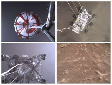 This combination of images from video made available by NASA shows steps in the descent of the Mars 