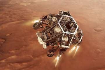 Perseverance rover fires up its descent stage engines as it nears the Martian surface. This phase of