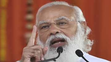 Prime Minister Narendra Modi addresses a public rally at Haldia Helipad Ground in East Midnapore district.