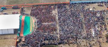 South 24 Parganas: Large gathering during Union Home Minister Amit Shahs public meeting at Indira Maidan in South 24 Parganas district of West Bengal, Thursday, Feb. 18, 2021.?