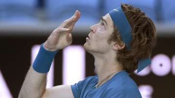 Russia's Andrey Rublev celebrates after defeating Spain's Feliciano Lopez in their third round match at the Australian Open tennis championship in Melbourne, Australia, Saturday, Feb. 13