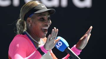 United States' Serena Williams gestures as she is interviewed following her third round win over Russia's Anastasia Potapova at the Australian Open tennis championship in Melbourne, Australia, Friday, Feb. 12