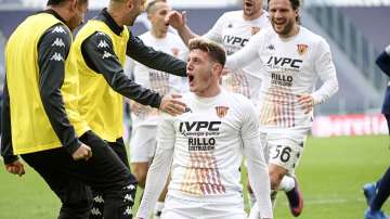 Benevento's Adolfo Gaich, center, celebrates after scoring during a Serie A soccer match between Juventus and Benevento at the Allianz stadium in Turin, Italy, Sunday, March 21