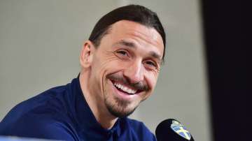 Zlatan Ibrahimovic attends a press conference at Friends Arena in Stockholm, Monday March 22
