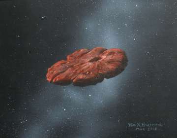 William Hartmann and Michael Belton shows a depiction of the Oumuamua interstellar object as a panca