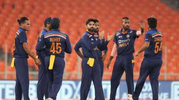 India celebrate after Hardik Pandya of India dismisses Jason Roy of England during the 4th T20 International between India and England at Narendra Modi Stadium on March 18