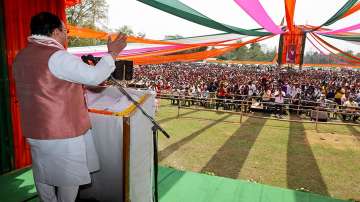 BJP National President JP Nadda addresses an election campaign rally ahead of the assembly polls 2021.