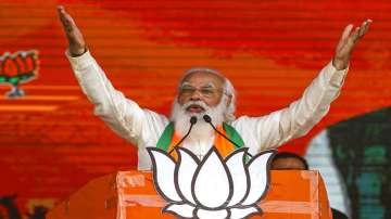 Prime Minister Narendra Modi addresses a public rally ahead of West Bengal state elections in Kolkata.