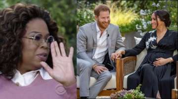 Oprah Winfrey interviewing Prince Harry and Meghan Markle