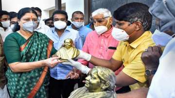 Expelled AIADMK leader VK Sasikala being felicitated on her return, after serving a jail term in a disproportionate assets case, in Krishnagiri district, Monday, Feb. 8.