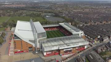 Liverpool's Anfield Stadium is seen after the collapse of English involvement in the proposed European Super League, Liverpool, England, Wednesday, April 21