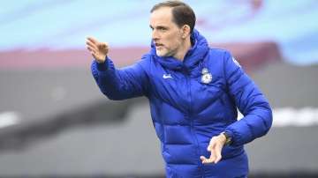 Chelsea's head coach Thomas Tuchel gives instructions from the side line during the English Premier League soccer match between West Ham United and Chelsea at London Stadium, London, England, Saturday, April 24