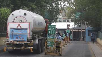 A truck carrying oxygen gas enters Sir Ganga Ram Hospital in New Delhi.